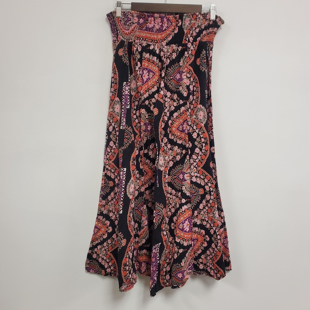Womens Bohemian Flared Leg Smocked Hippie Pants Size S Black Festival Gypsy‎